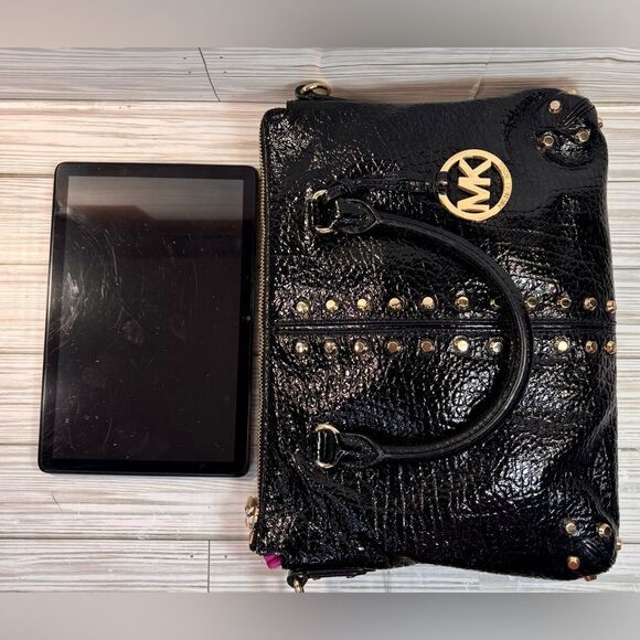 075-Michael Kors Black Leather Uptown Astor Satchel with Gold Stud Accents - Picture 12 of 12